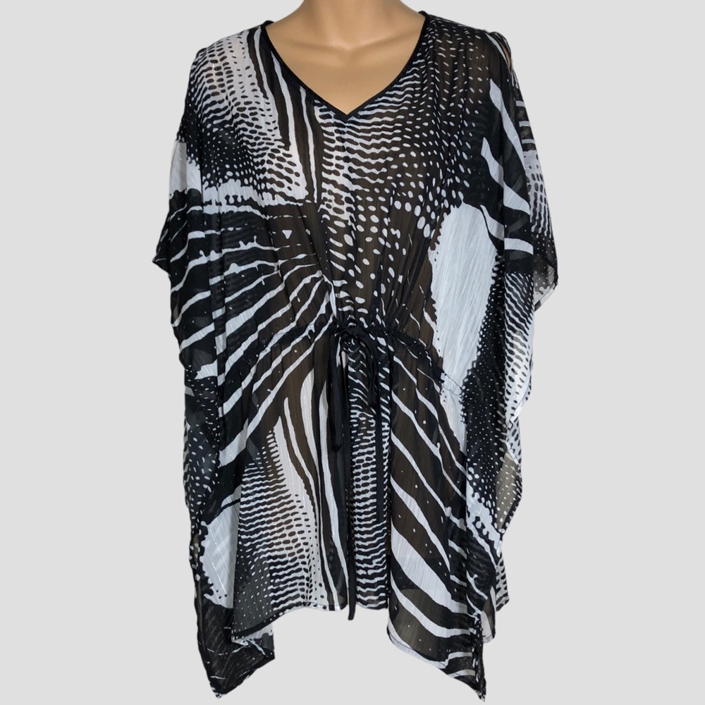 Chicos Caftan Cover Up Top Sheer Sm/Med Batwing Black White Animal Print Travel